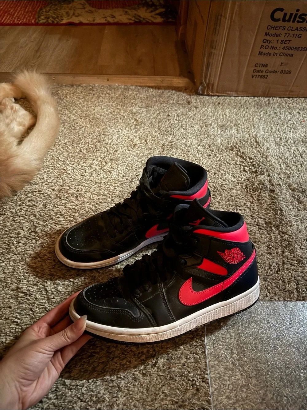 Jordan 1 Mid Black and Red Sneakers